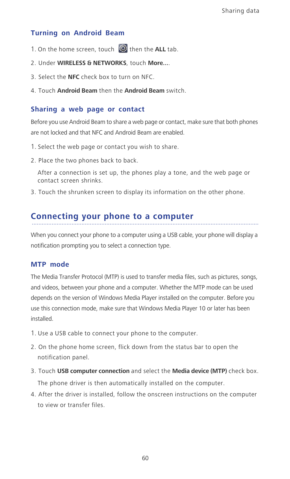 Turning on android beam, Connecting your phone to a computer, Mtp mode | Huawei Ascend P2 P2-6011 User Manual | Page 65 / 104