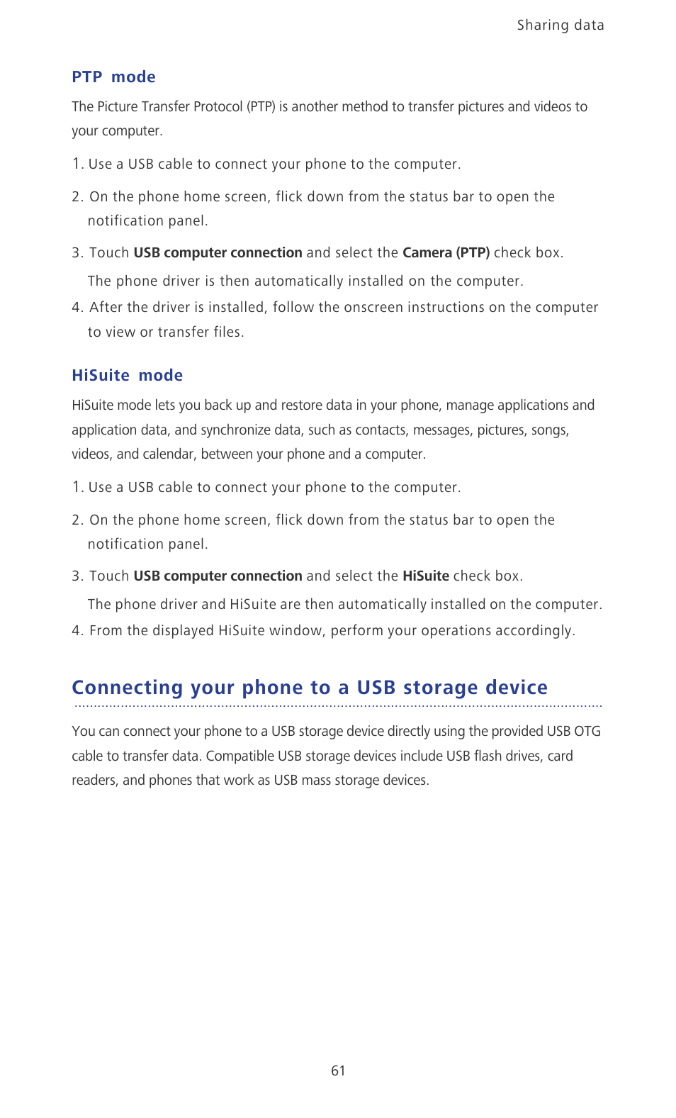 Ptp mode, Hisuite mode, Connecting your phone to a usb storage device | Huawei Ascend P2 P2-6011 User Manual | Page 66 / 104