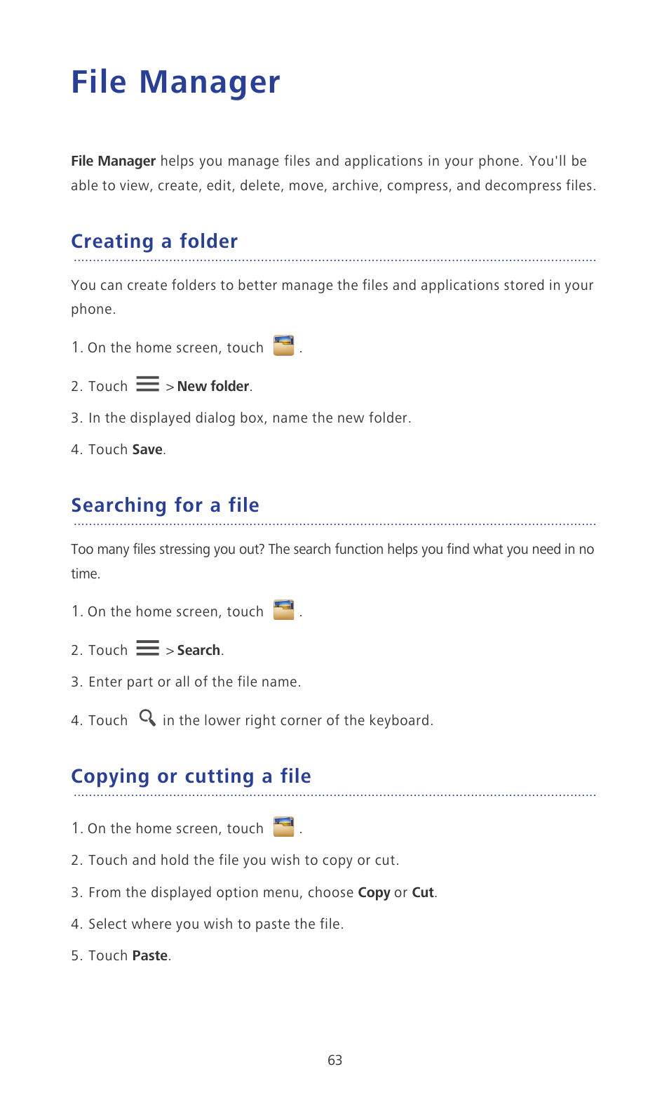 File manager, Creating a folder, Searching for a file | Copying or cutting a file | Huawei Ascend P2 P2-6011 User Manual | Page 68 / 104