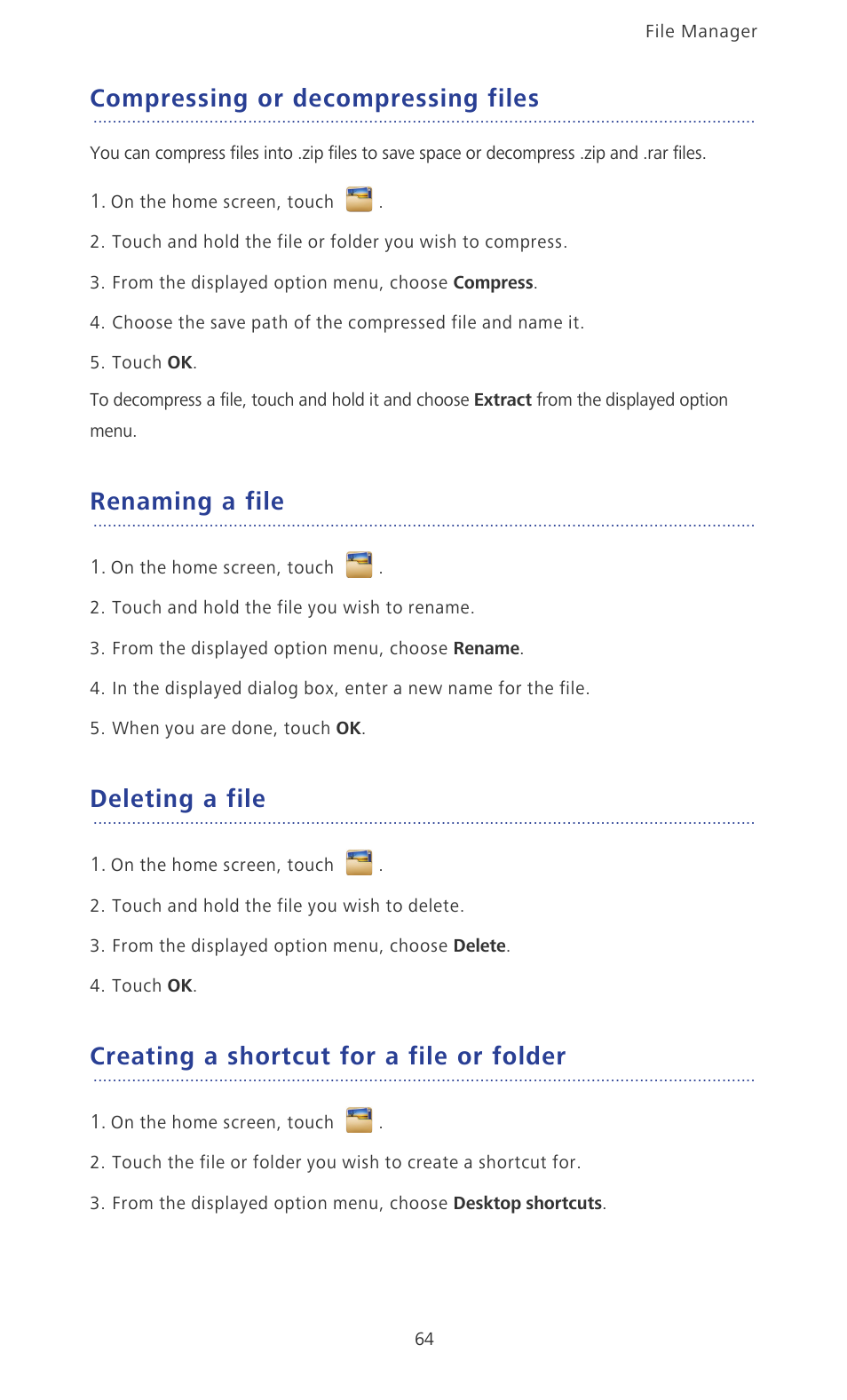 Compressing or decompressing files, Renaming a file, Deleting a file | Creating a shortcut for a file or folder | Huawei Ascend P2 P2-6011 User Manual | Page 69 / 104