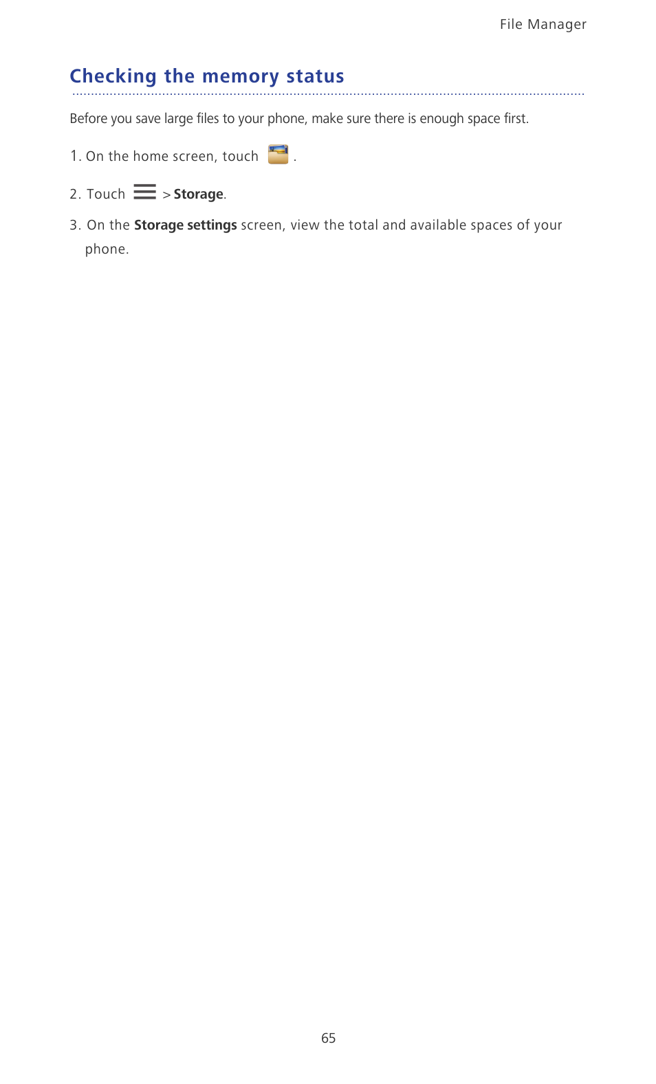 Checking the memory status | Huawei Ascend P2 P2-6011 User Manual | Page 70 / 104