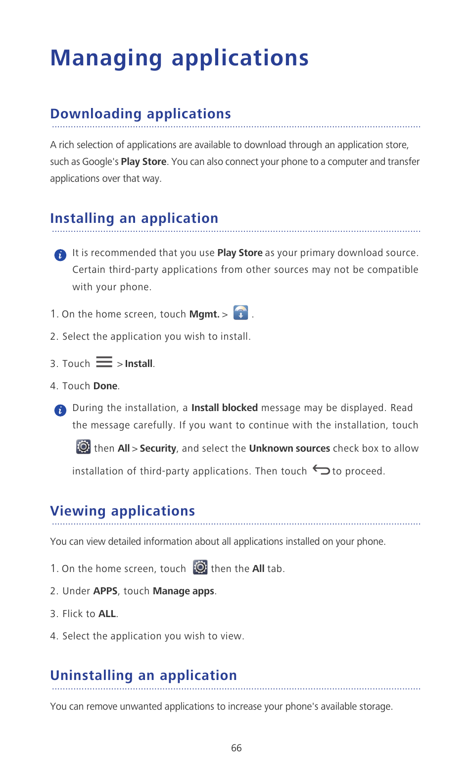 Managing applications, Downloading applications, Installing an application | Viewing applications, Uninstalling an application | Huawei Ascend P2 P2-6011 User Manual | Page 71 / 104