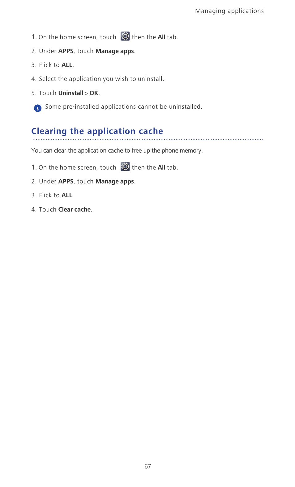 Clearing the application cache | Huawei Ascend P2 P2-6011 User Manual | Page 72 / 104