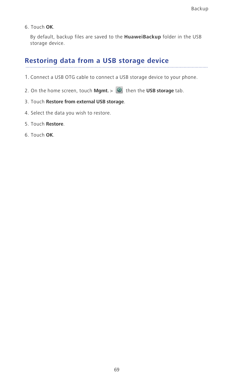 Restoring data from a usb storage device | Huawei Ascend P2 P2-6011 User Manual | Page 74 / 104