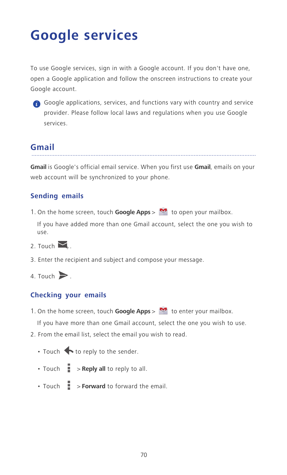 Google services, Gmail, Sending emails | Checking your emails | Huawei Ascend P2 P2-6011 User Manual | Page 75 / 104