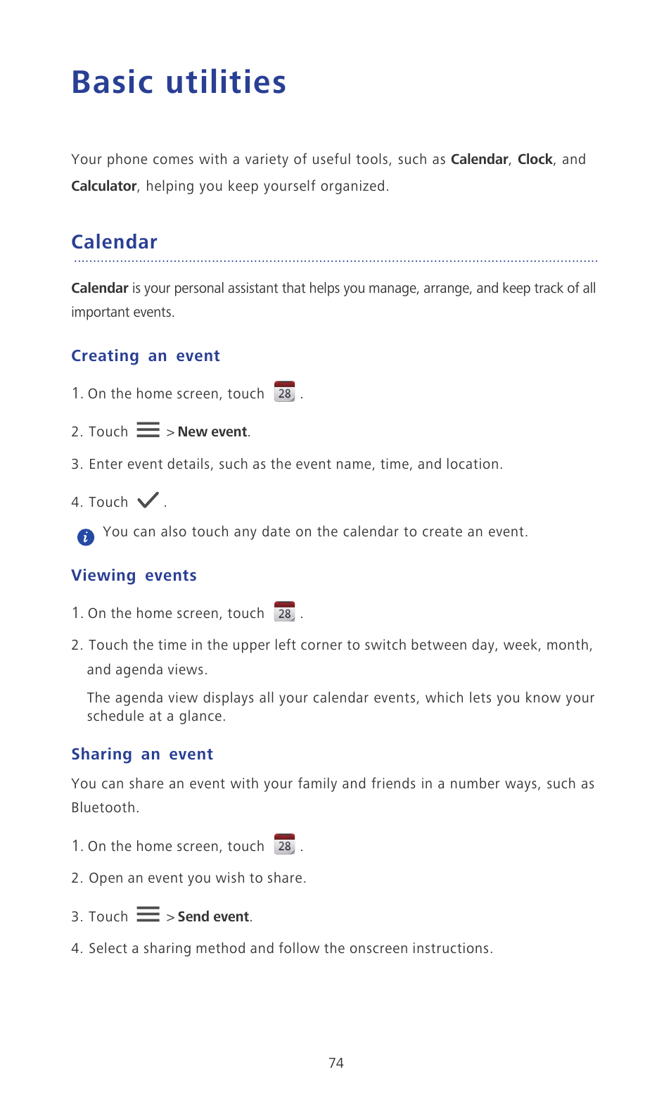 Basic utilities, Calendar, Creating an event | Viewing events, Sharing an event | Huawei Ascend P2 P2-6011 User Manual | Page 79 / 104