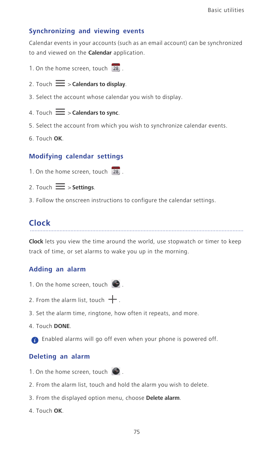 Synchronizing and viewing events, Modifying calendar settings, Clock | Adding an alarm, Deleting an alarm | Huawei Ascend P2 P2-6011 User Manual | Page 80 / 104