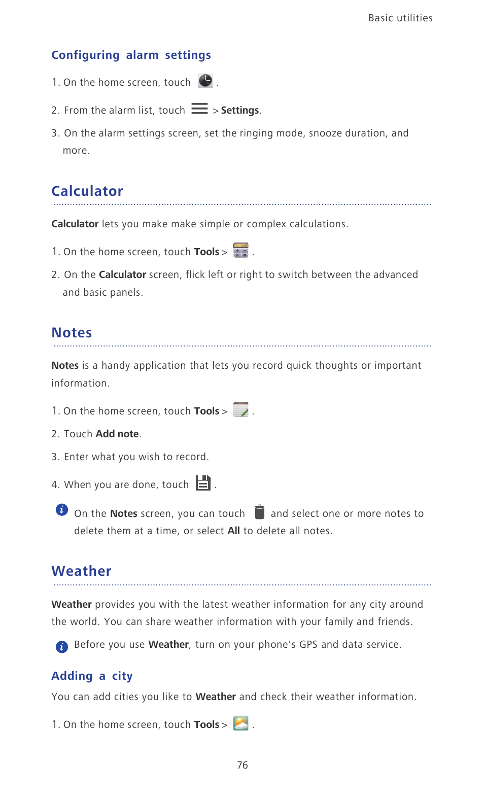 Configuring alarm settings, Calculator, Notes | Weather, Adding a city | Huawei Ascend P2 P2-6011 User Manual | Page 81 / 104