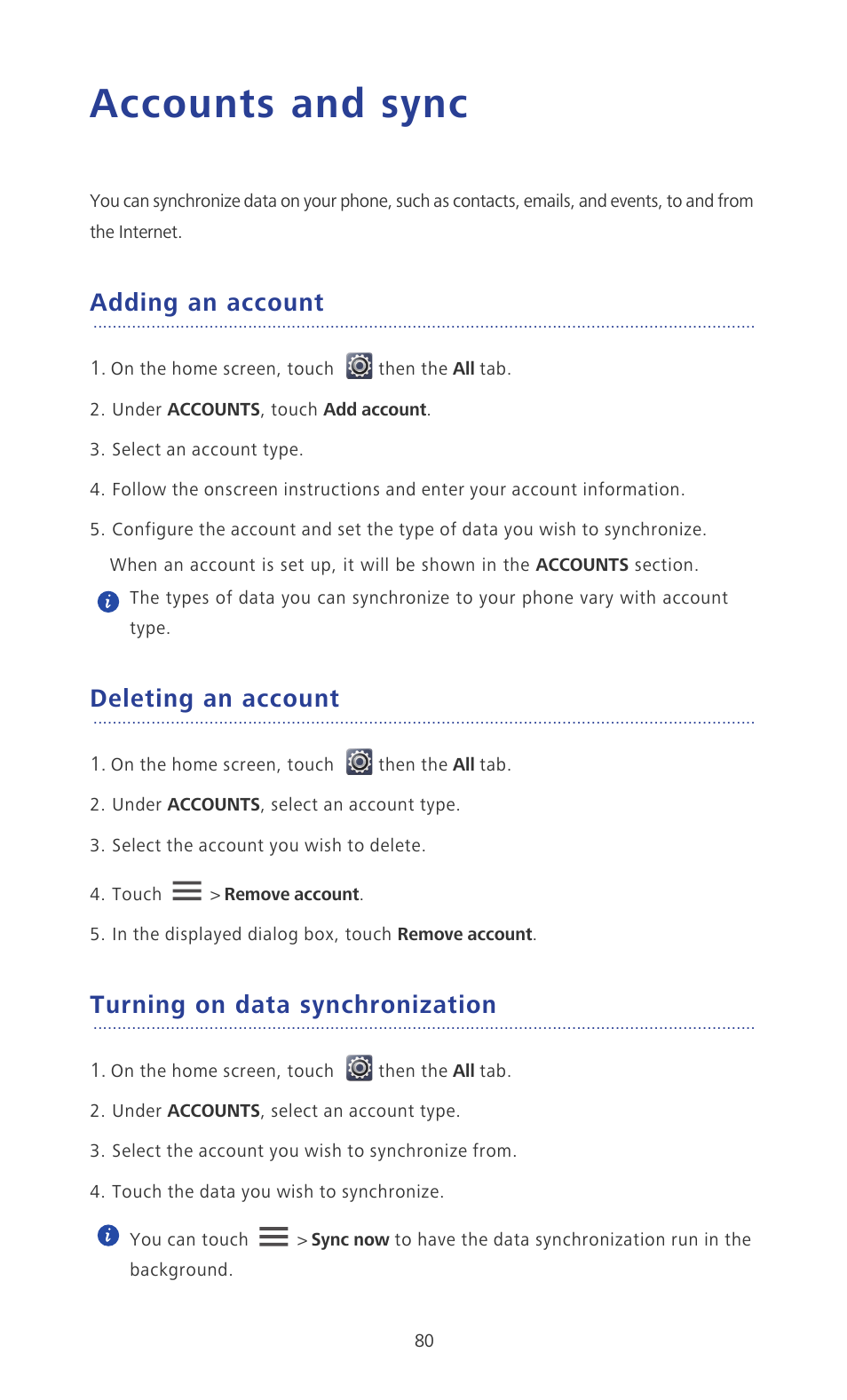 Accounts and sync, Adding an account, Deleting an account | Turning on data synchronization | Huawei Ascend P2 P2-6011 User Manual | Page 85 / 104