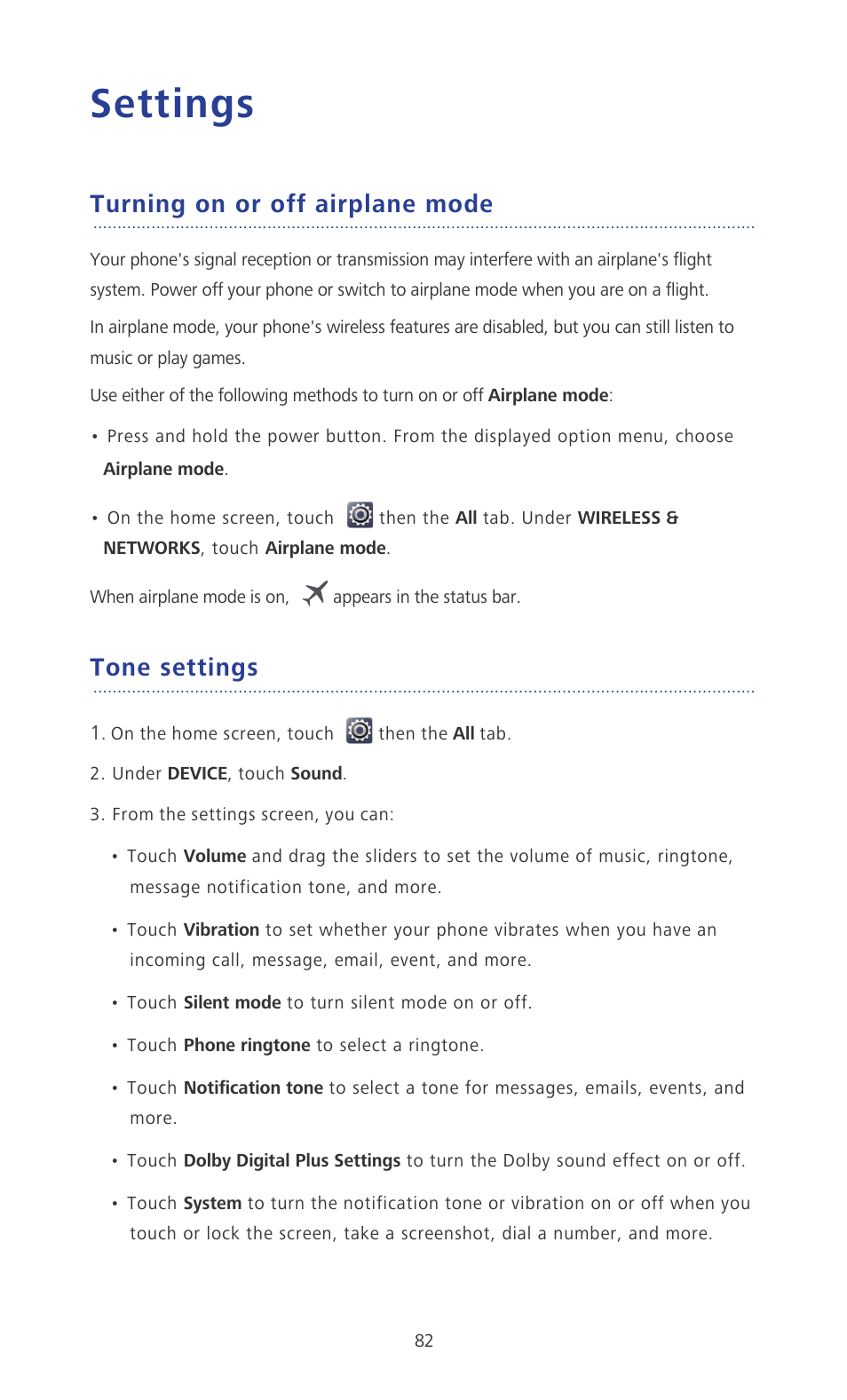 Settings, Turning on or off airplane mode, Tone settings | Huawei Ascend P2 P2-6011 User Manual | Page 87 / 104