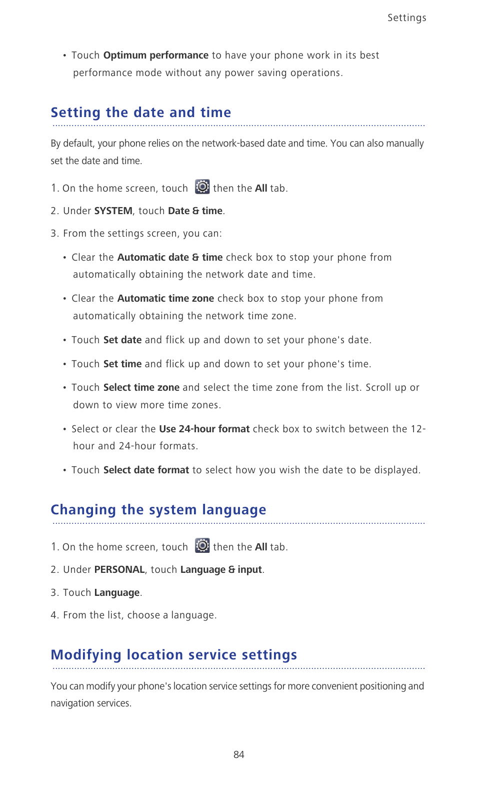 Setting the date and time, Changing the system language, Modifying location service settings | Huawei Ascend P2 P2-6011 User Manual | Page 89 / 104