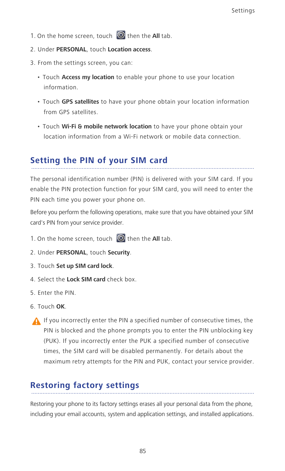 Setting the pin of your sim card, Restoring factory settings | Huawei Ascend P2 P2-6011 User Manual | Page 90 / 104