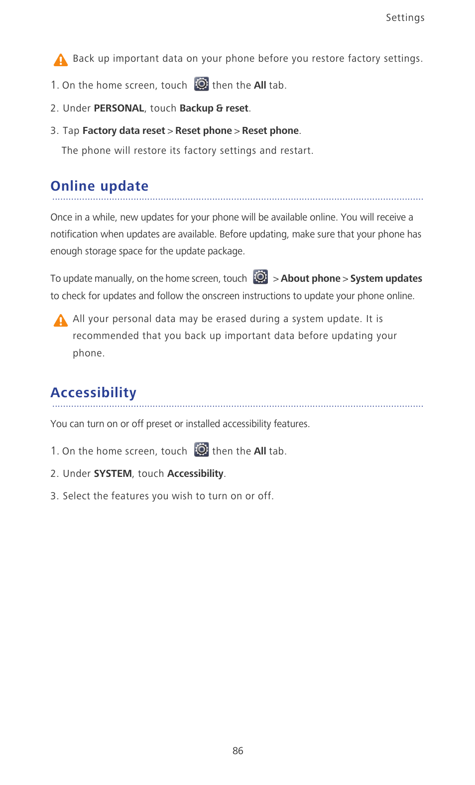 Online update, Accessibility | Huawei Ascend P2 P2-6011 User Manual | Page 91 / 104