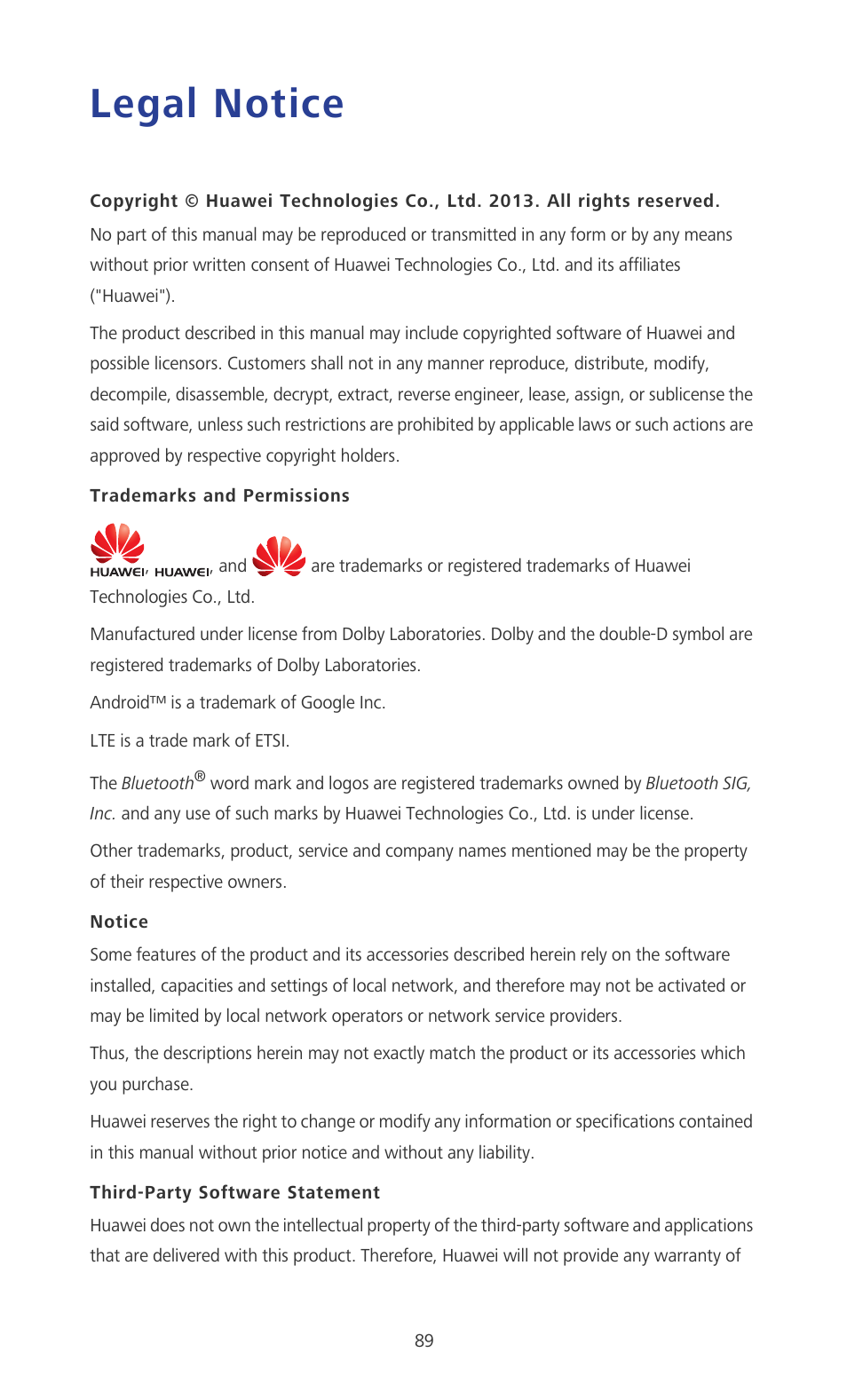 Legal notice, Trademarks and permissions, Notice | Third-party software statement | Huawei Ascend P2 P2-6011 User Manual | Page 94 / 104