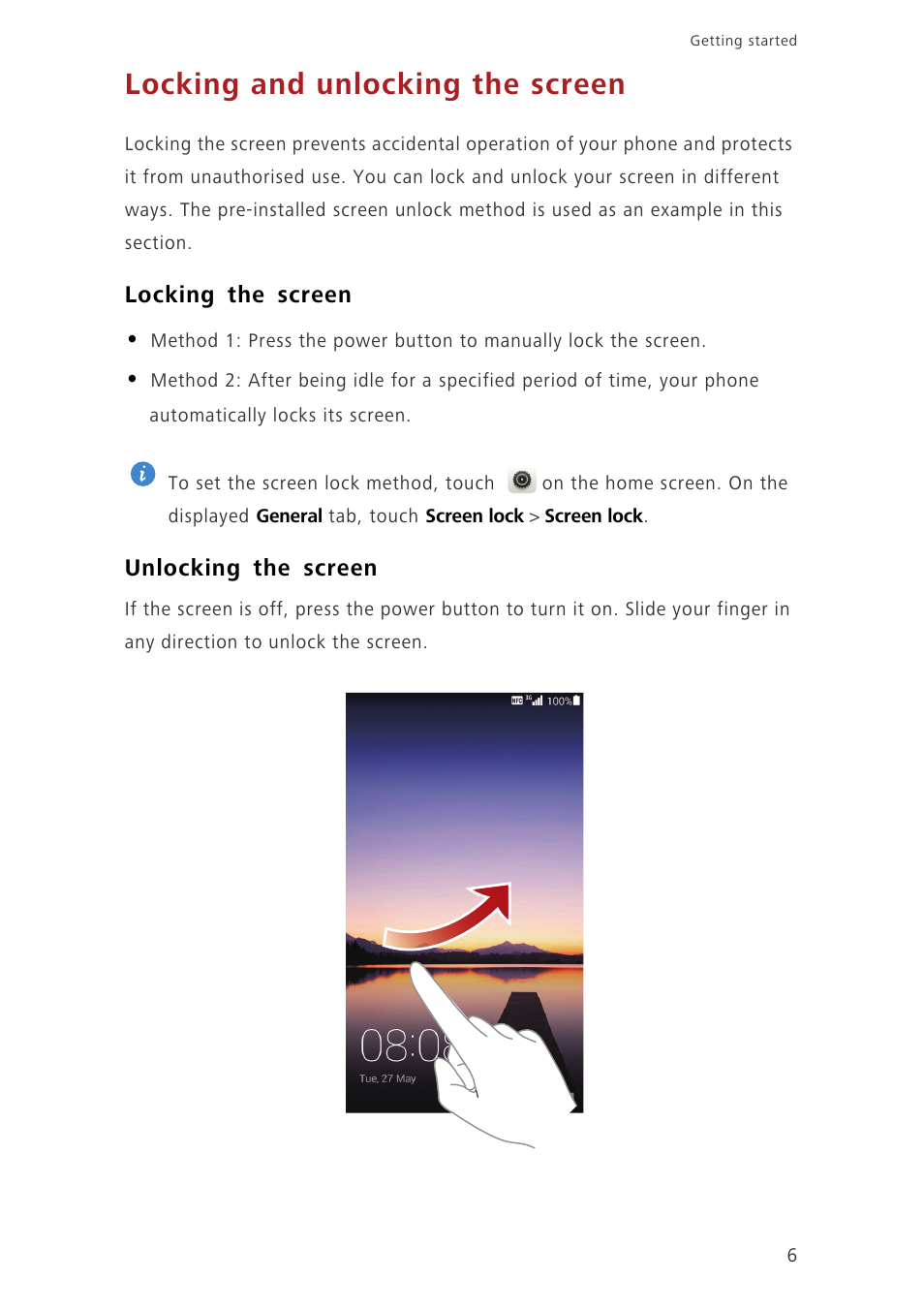 Locking and unlocking the screen, Locking the screen, Unlocking the screen | Huawei Ascend P7 P7-L10 User Guide User Manual | Page 10 / 90