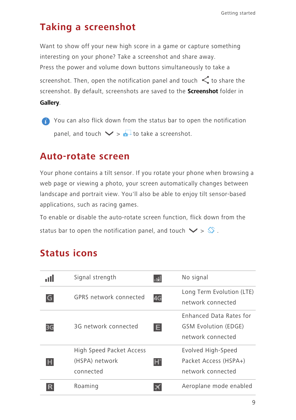 Taking a screenshot, Auto-rotate screen, Status icons | Huawei Ascend P7 P7-L10 User Guide User Manual | Page 13 / 90