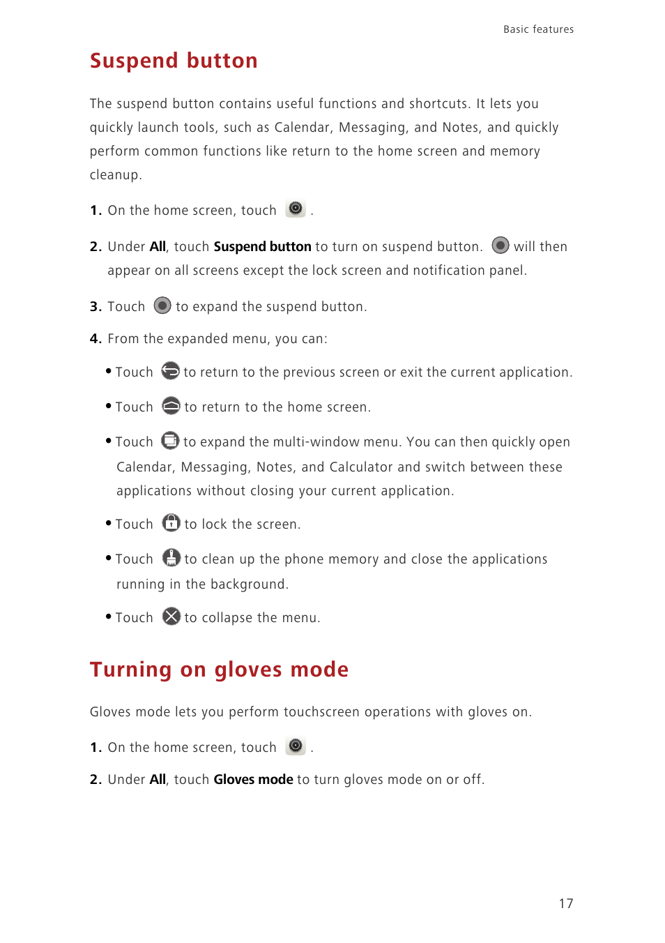 Suspend button, Turning on gloves mode | Huawei Ascend P7 P7-L10 User Guide User Manual | Page 21 / 90