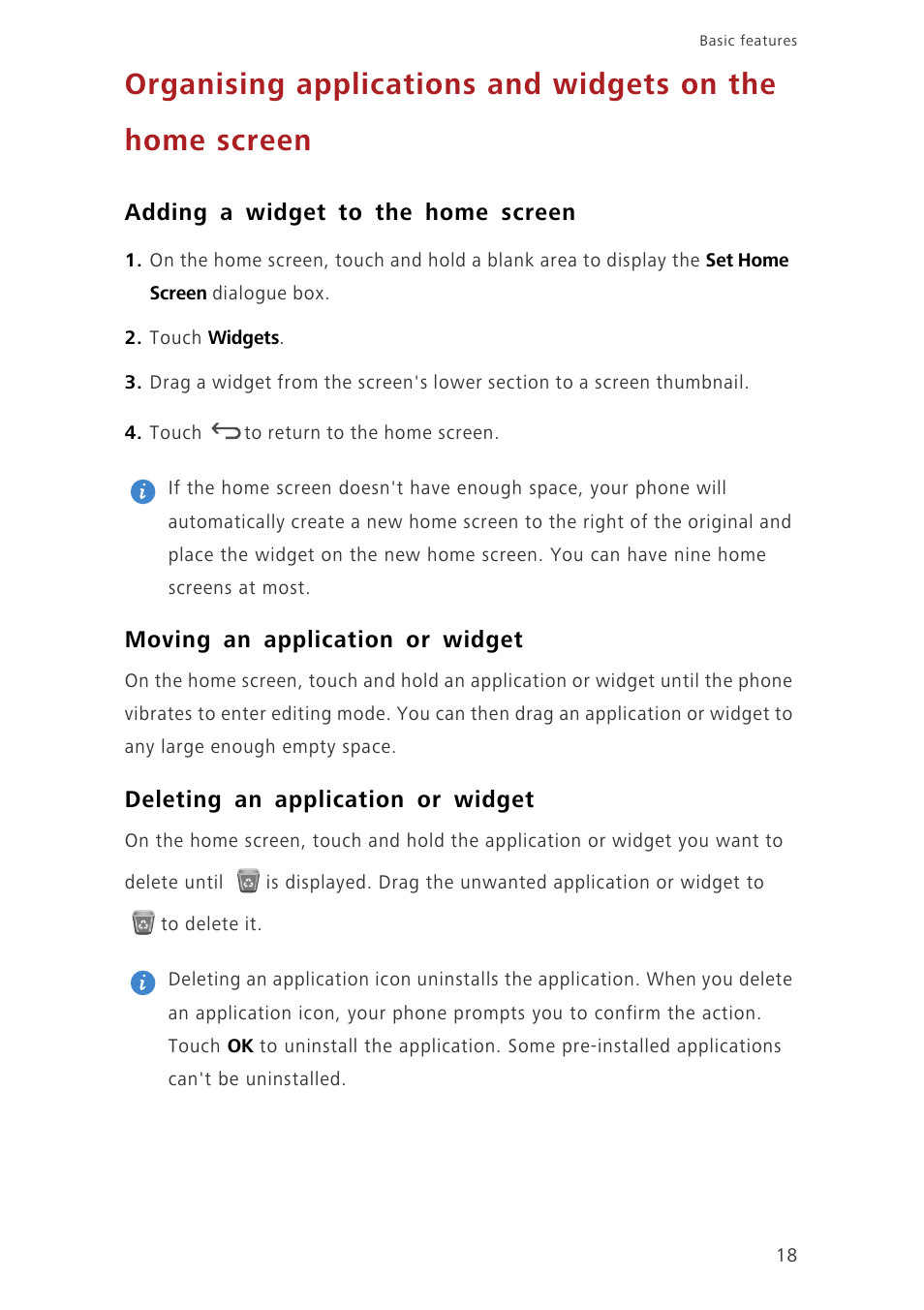 Adding a widget to the home screen, Moving an application or widget, Deleting an application or widget | Huawei Ascend P7 P7-L10 User Guide User Manual | Page 22 / 90