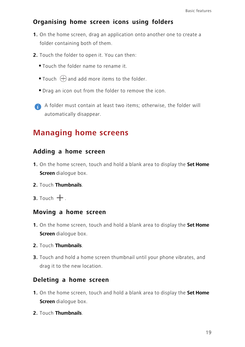 Organising home screen icons using folders, Managing home screens, Adding a home screen | Moving a home screen, Deleting a home screen | Huawei Ascend P7 P7-L10 User Guide User Manual | Page 23 / 90