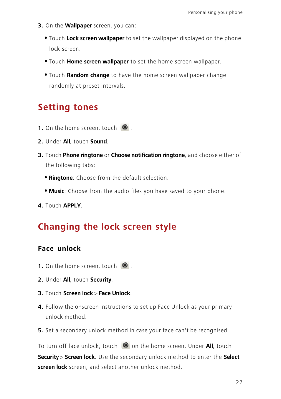 Setting tones, Changing the lock screen style, Face unlock | Huawei Ascend P7 P7-L10 User Guide User Manual | Page 26 / 90