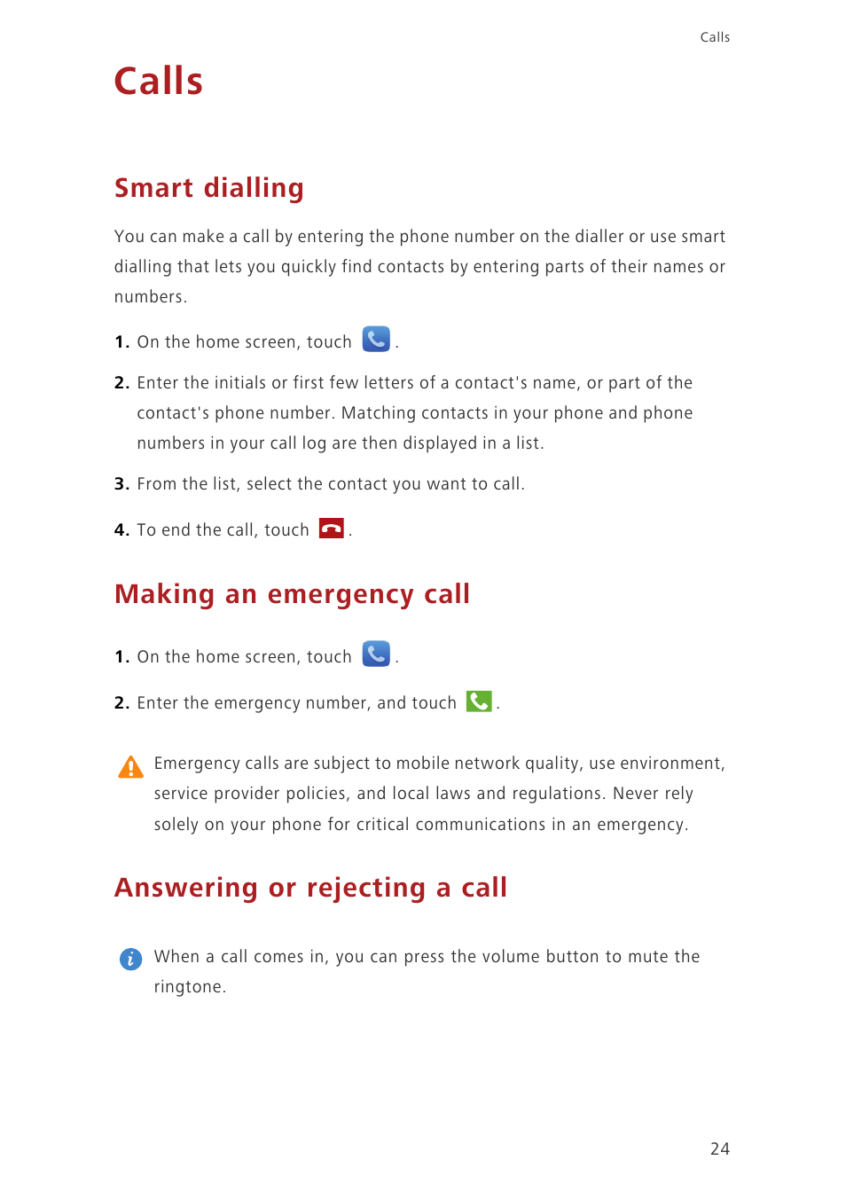 Calls, Smart dialling, Making an emergency call | Answering or rejecting a call | Huawei Ascend P7 P7-L10 User Guide User Manual | Page 28 / 90