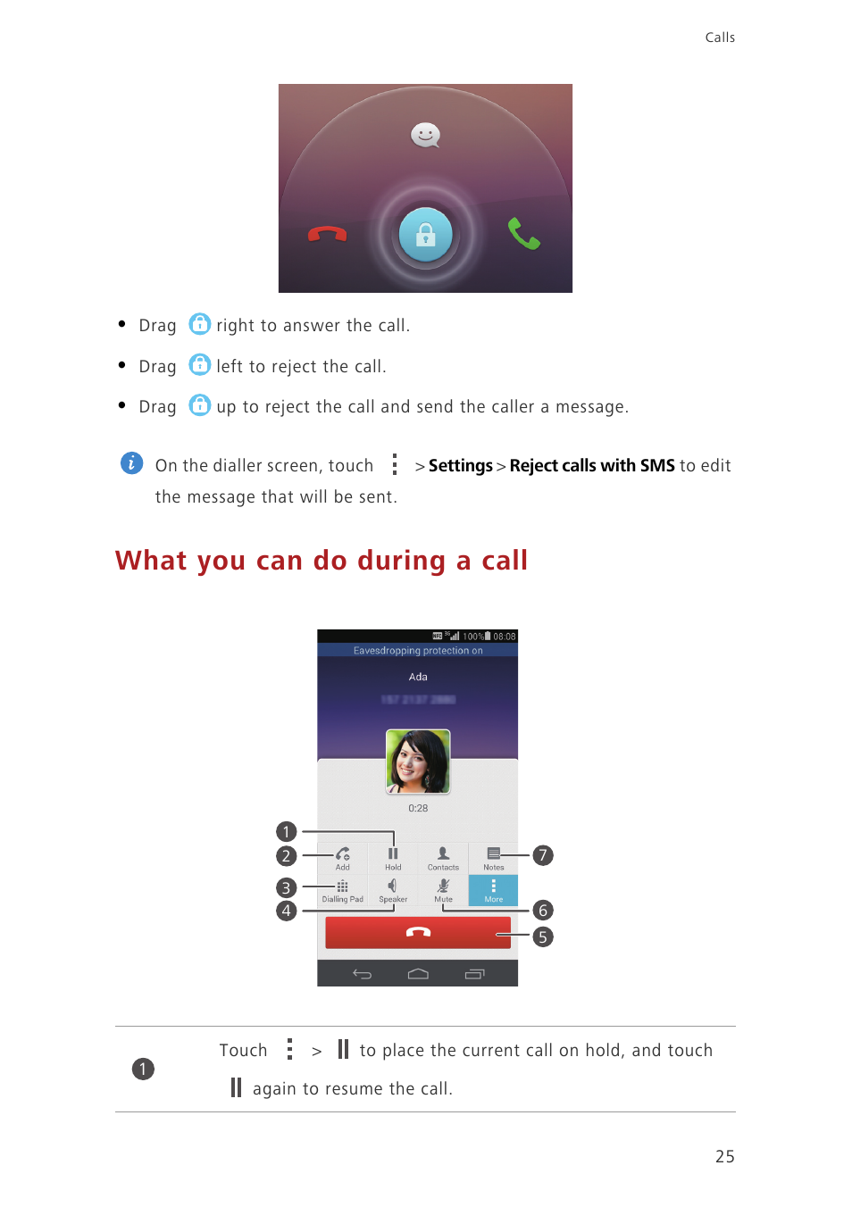 What you can do during a call | Huawei Ascend P7 P7-L10 User Guide User Manual | Page 29 / 90