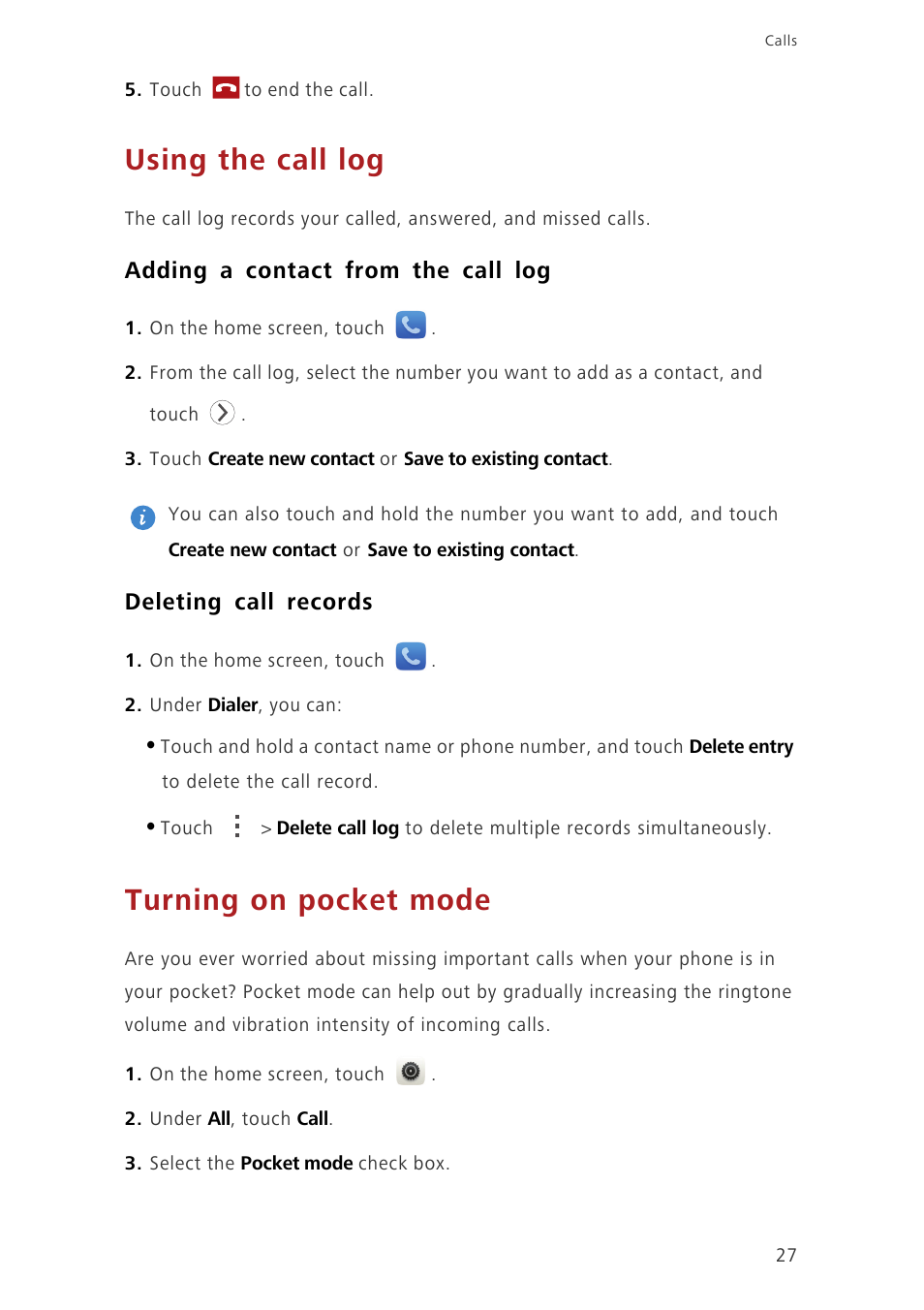 Using the call log, Adding a contact from the call log, Deleting call records | Turning on pocket mode | Huawei Ascend P7 P7-L10 User Guide User Manual | Page 31 / 90