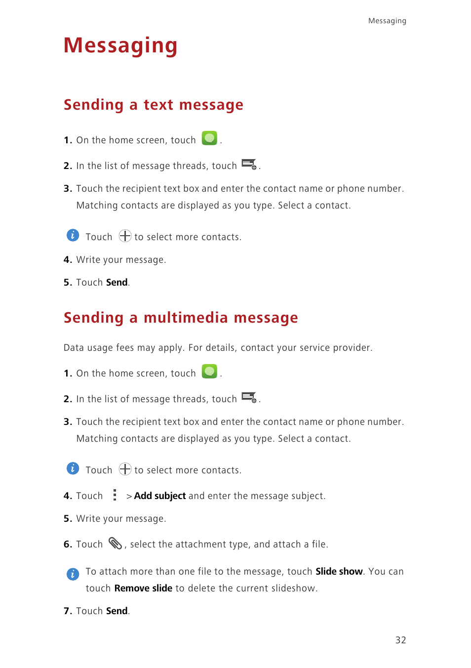 Messaging, Sending a text message, Sending a multimedia message | Huawei Ascend P7 P7-L10 User Guide User Manual | Page 36 / 90