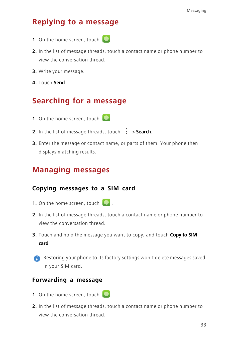 Replying to a message, Searching for a message, Managing messages | Copying messages to a sim card, Forwarding a message | Huawei Ascend P7 P7-L10 User Guide User Manual | Page 37 / 90