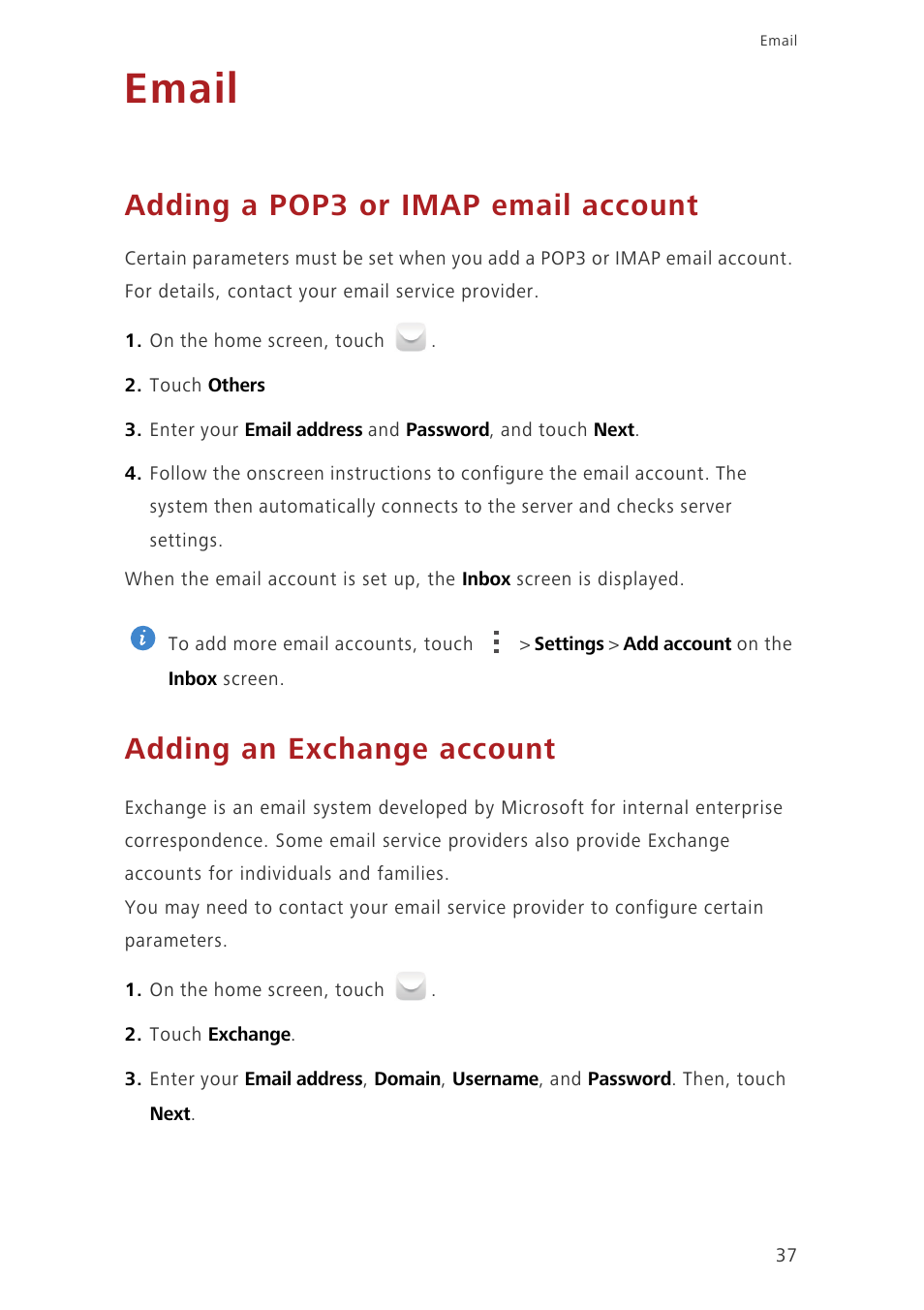 Email, Adding a pop3 or imap email account, Adding an exchange account | Huawei Ascend P7 P7-L10 User Guide User Manual | Page 41 / 90