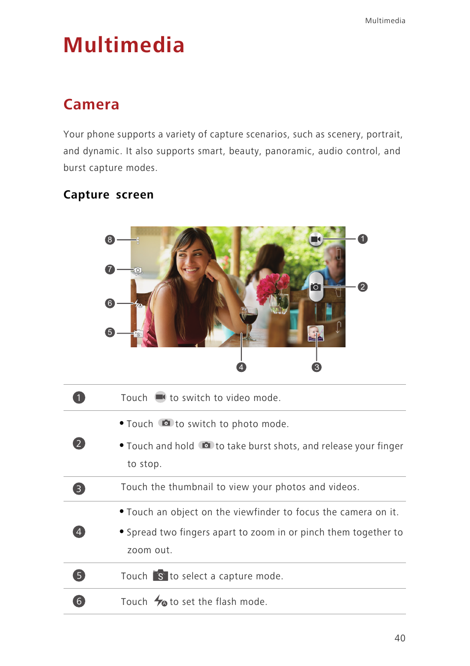 Multimedia, Camera, Capture screen | Huawei Ascend P7 P7-L10 User Guide User Manual | Page 44 / 90