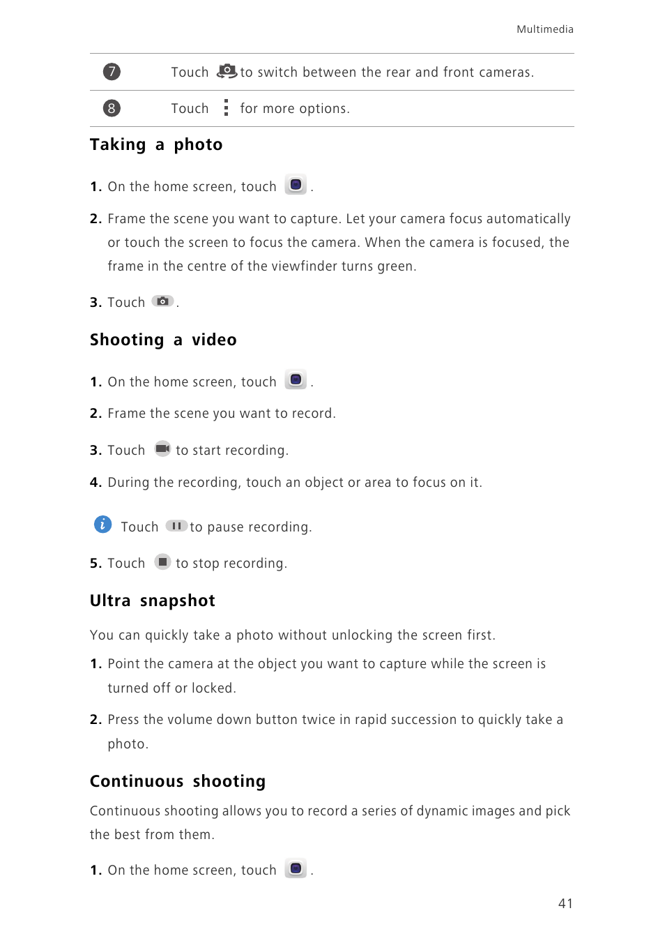 Taking a photo, Shooting a video, Ultra snapshot | Continuous shooting | Huawei Ascend P7 P7-L10 User Guide User Manual | Page 45 / 90