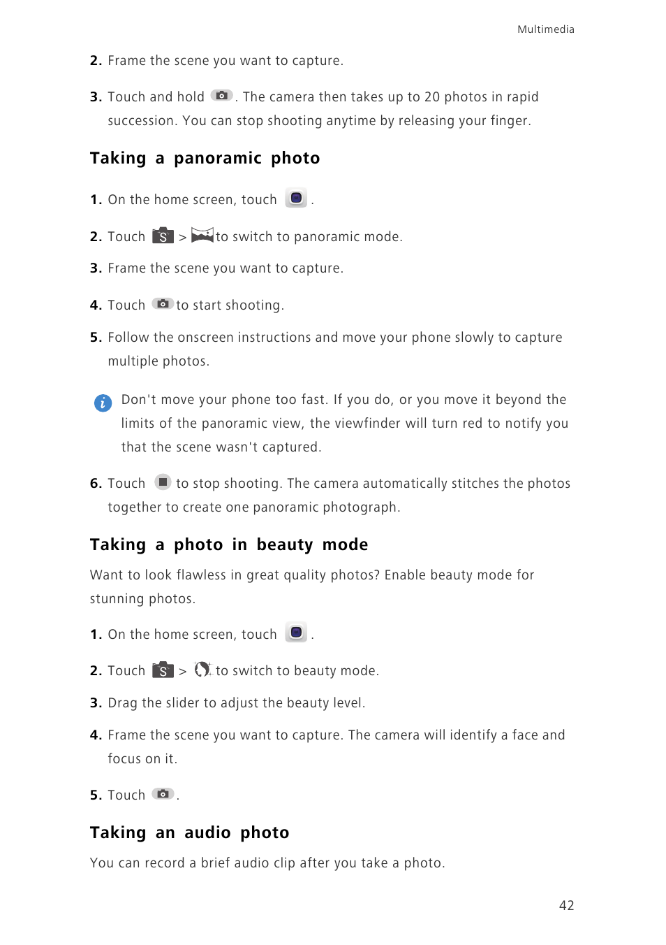 Taking a panoramic photo, Taking a photo in beauty mode, Taking an audio photo | Huawei Ascend P7 P7-L10 User Guide User Manual | Page 46 / 90