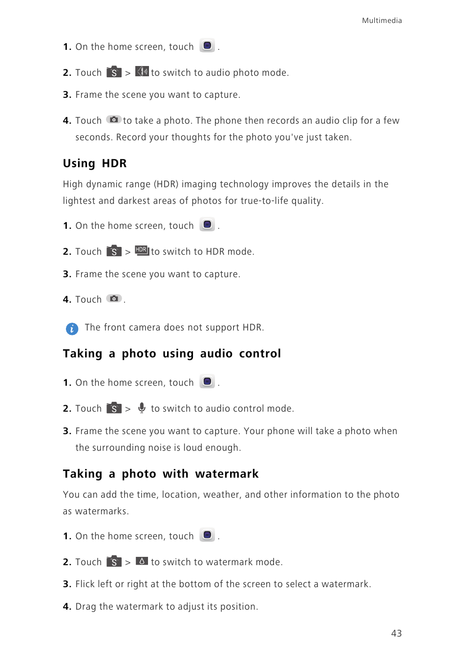 Using hdr, Taking a photo using audio control, Taking a photo with watermark | Huawei Ascend P7 P7-L10 User Guide User Manual | Page 47 / 90