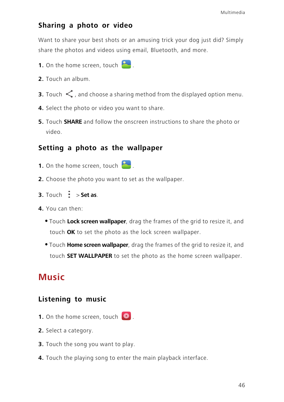 Sharing a photo or video, Setting a photo as the wallpaper, Music | Listening to music | Huawei Ascend P7 P7-L10 User Guide User Manual | Page 50 / 90