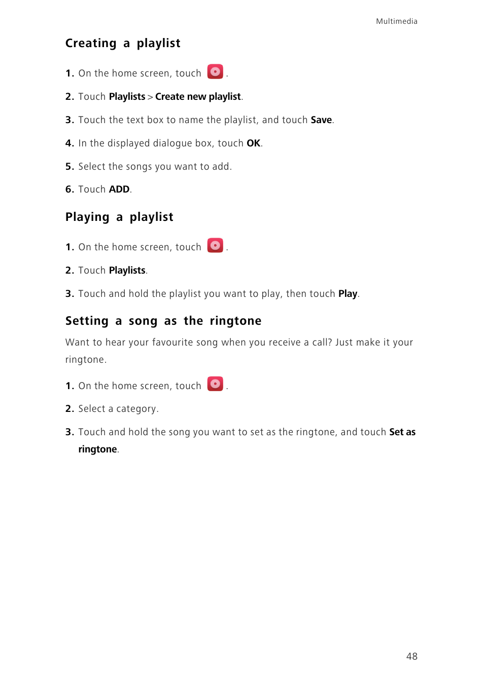 Creating a playlist, Playing a playlist, Setting a song as the ringtone | Huawei Ascend P7 P7-L10 User Guide User Manual | Page 52 / 90