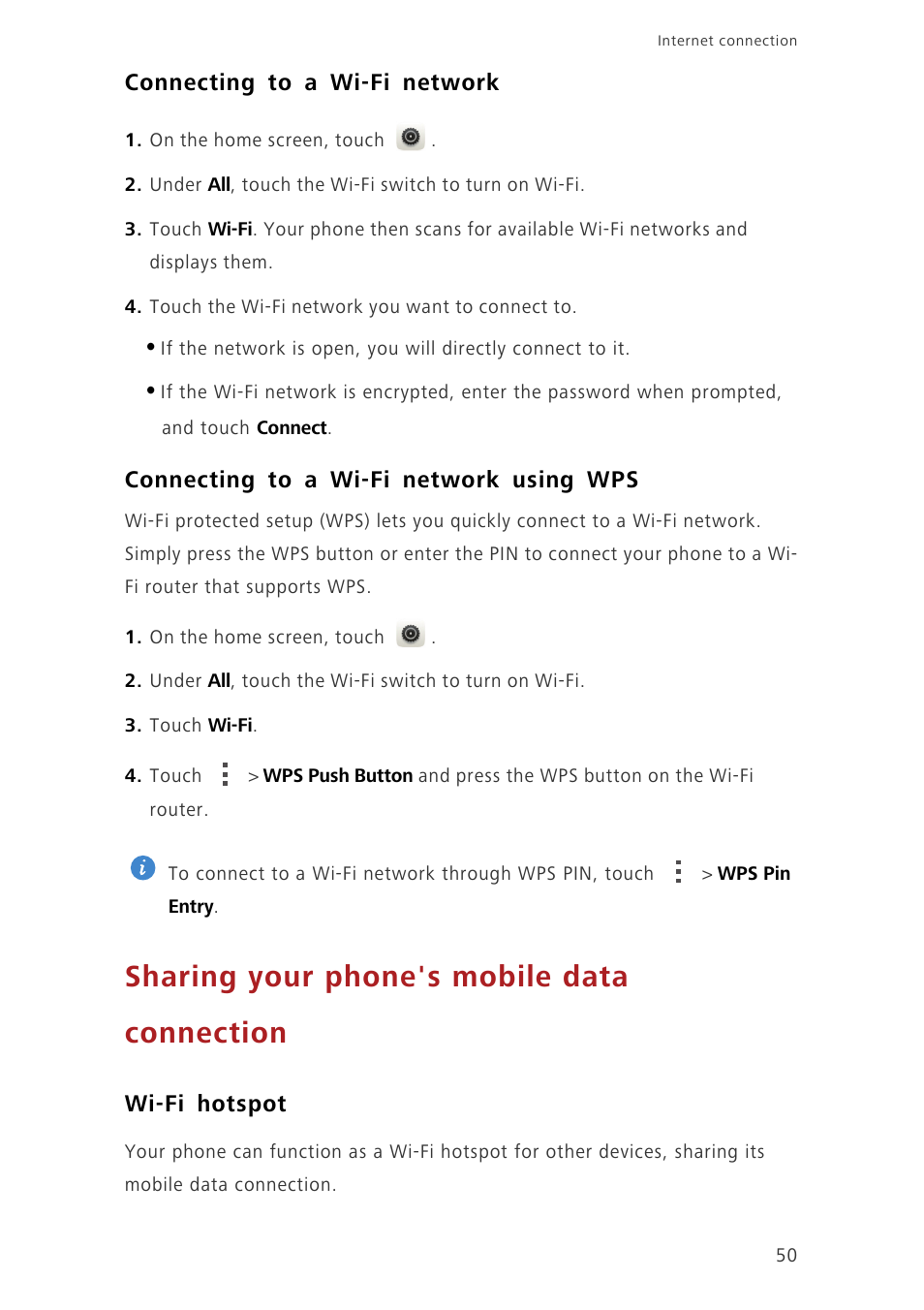 Connecting to a wi-fi network, Connecting to a wi-fi network using wps, Sharing your phone's mobile data connection | Wi-fi hotspot | Huawei Ascend P7 P7-L10 User Guide User Manual | Page 54 / 90