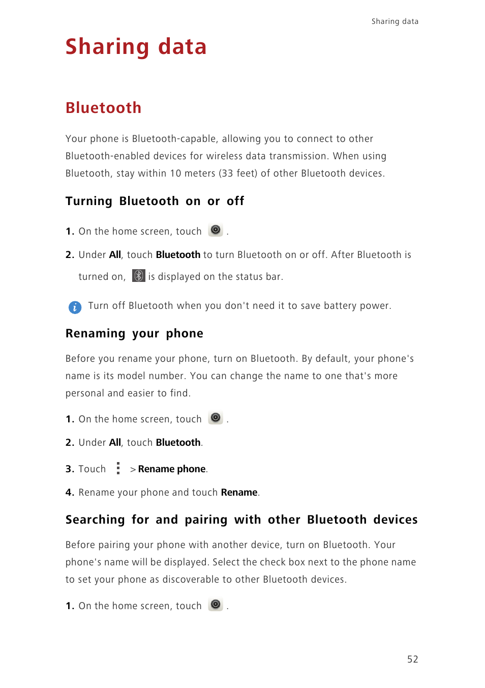 Sharing data, Bluetooth, Turning bluetooth on or off | Renaming your phone | Huawei Ascend P7 P7-L10 User Guide User Manual | Page 56 / 90