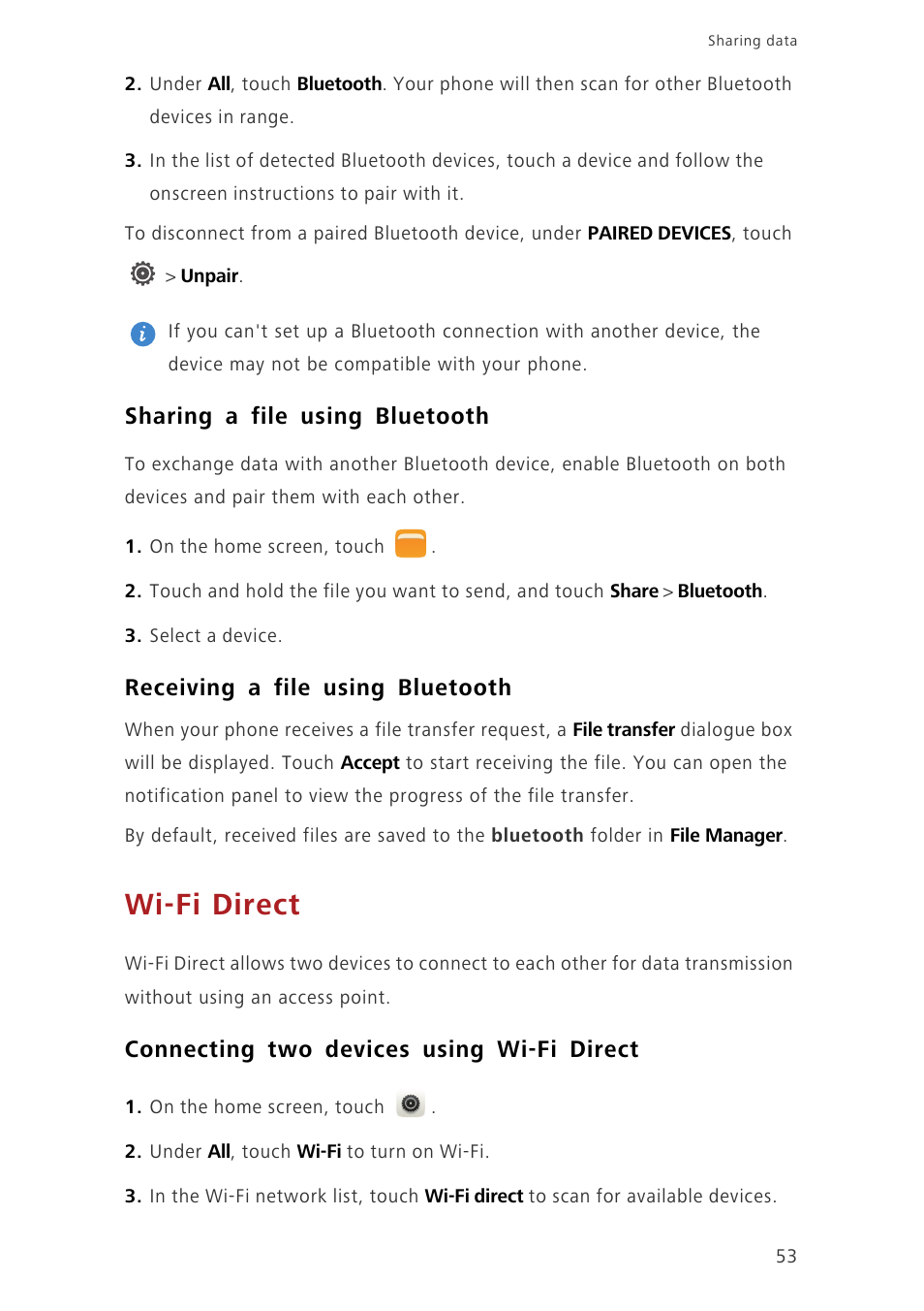 Sharing a file using bluetooth, Receiving a file using bluetooth, Wi-fi direct | Connecting two devices using wi-fi direct | Huawei Ascend P7 P7-L10 User Guide User Manual | Page 57 / 90