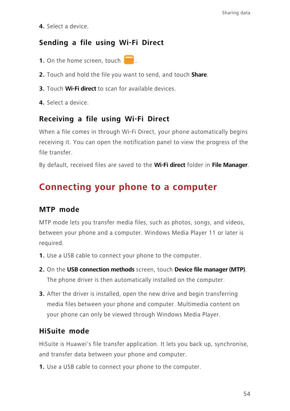 Sending a file using wi-fi direct, Receiving a file using wi-fi direct, Connecting your phone to a computer | Mtp mode, Hisuite mode | Huawei Ascend P7 P7-L10 User Guide User Manual | Page 58 / 90