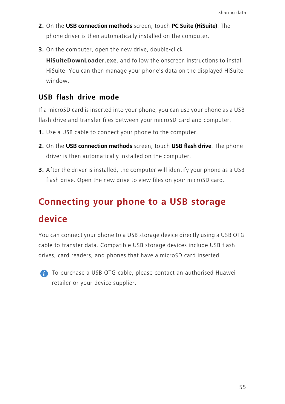 Usb flash drive mode, Connecting your phone to a usb storage device | Huawei Ascend P7 P7-L10 User Guide User Manual | Page 59 / 90