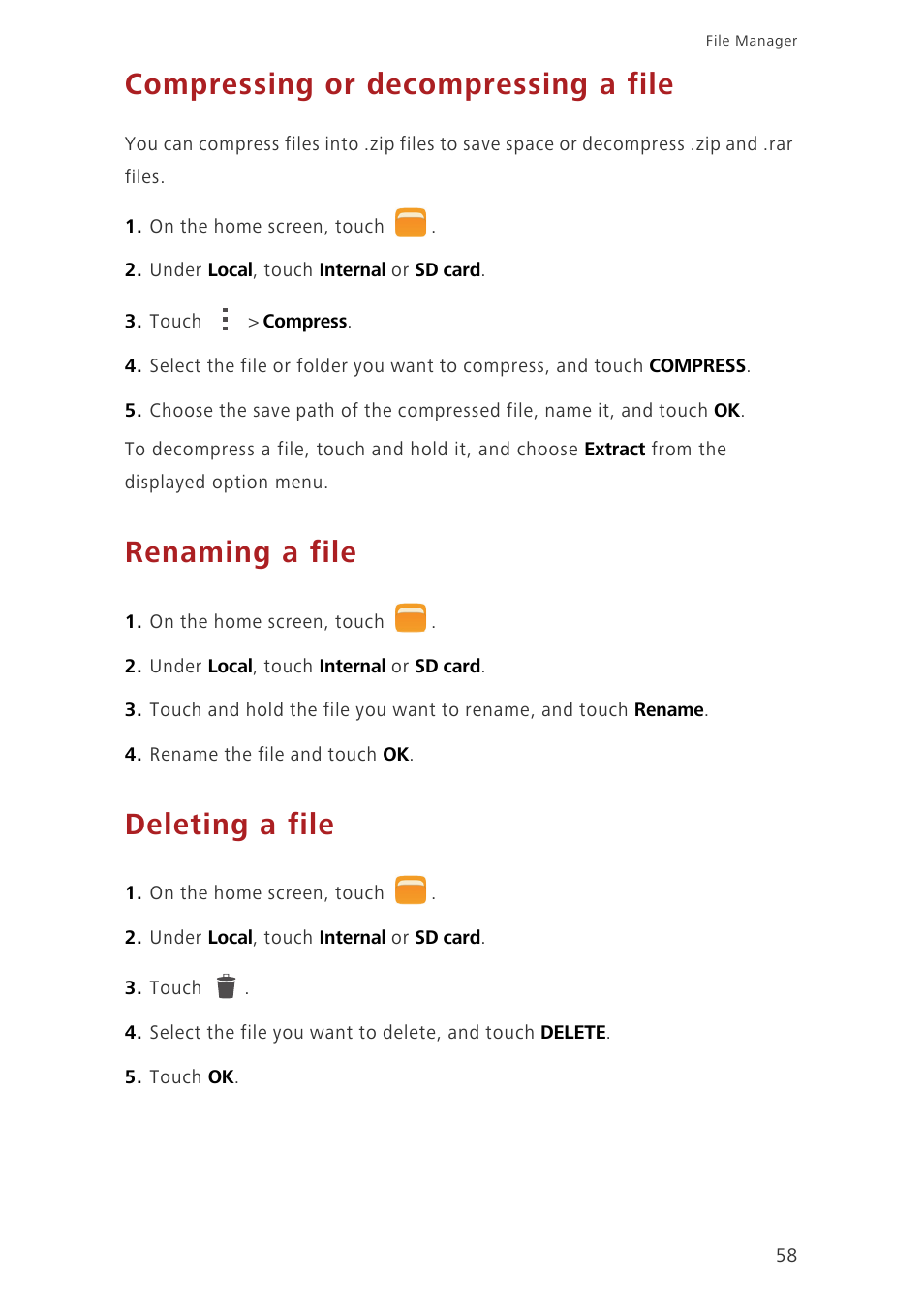 Compressing or decompressing a file, Renaming a file, Deleting a file | Huawei Ascend P7 P7-L10 User Guide User Manual | Page 62 / 90