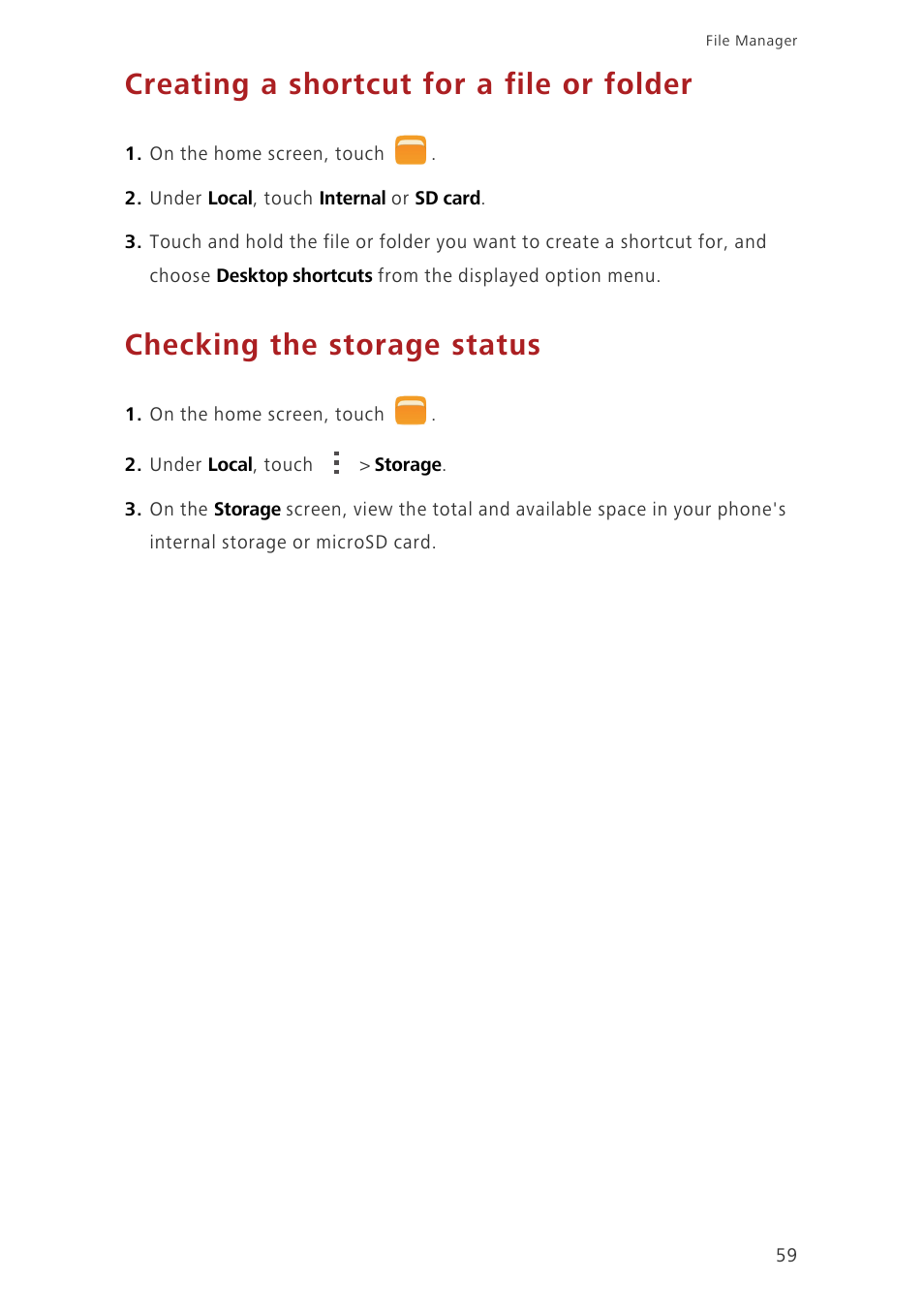 Creating a shortcut for a file or folder, Checking the storage status | Huawei Ascend P7 P7-L10 User Guide User Manual | Page 63 / 90