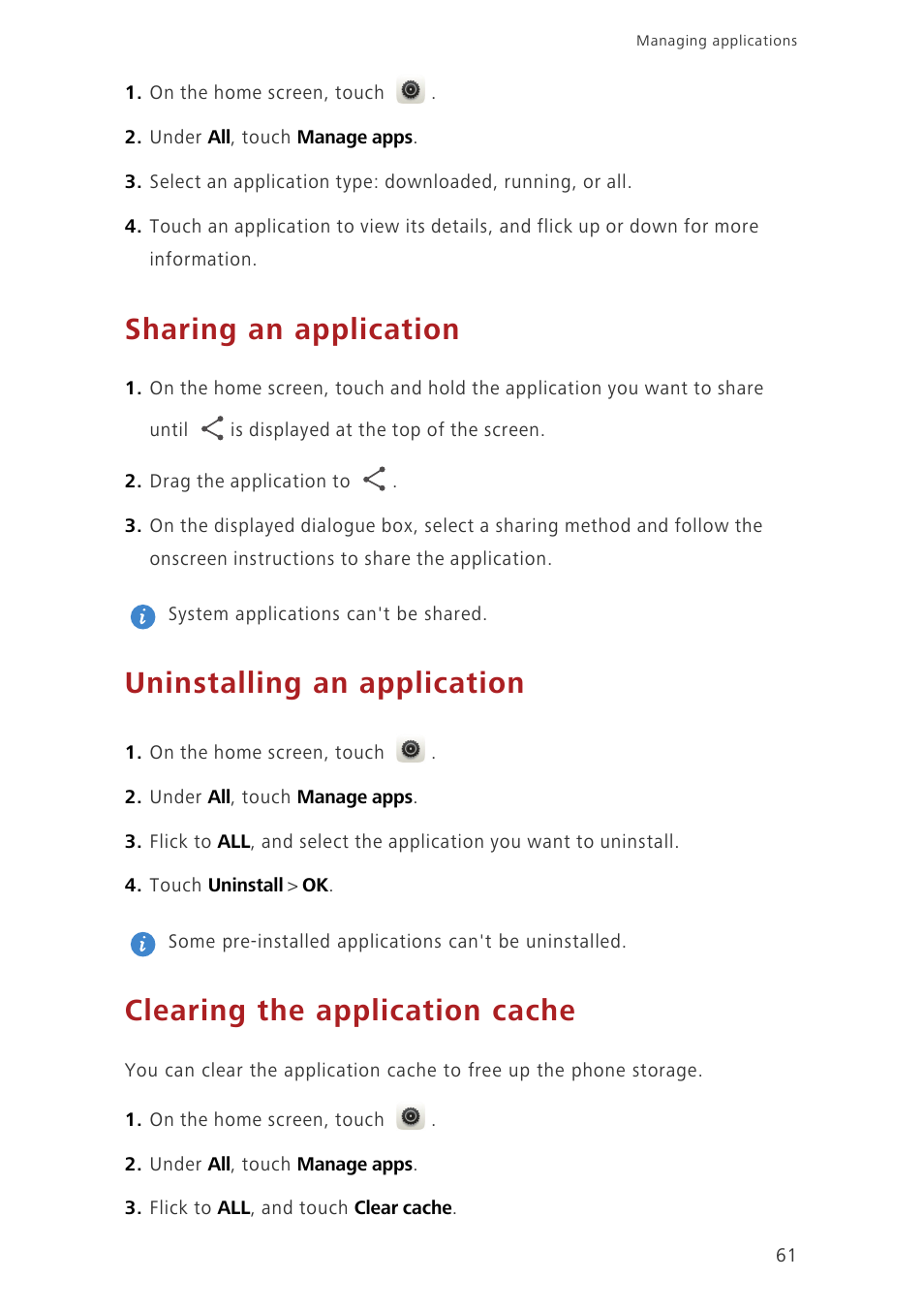 Sharing an application, Uninstalling an application, Clearing the application cache | Huawei Ascend P7 P7-L10 User Guide User Manual | Page 65 / 90