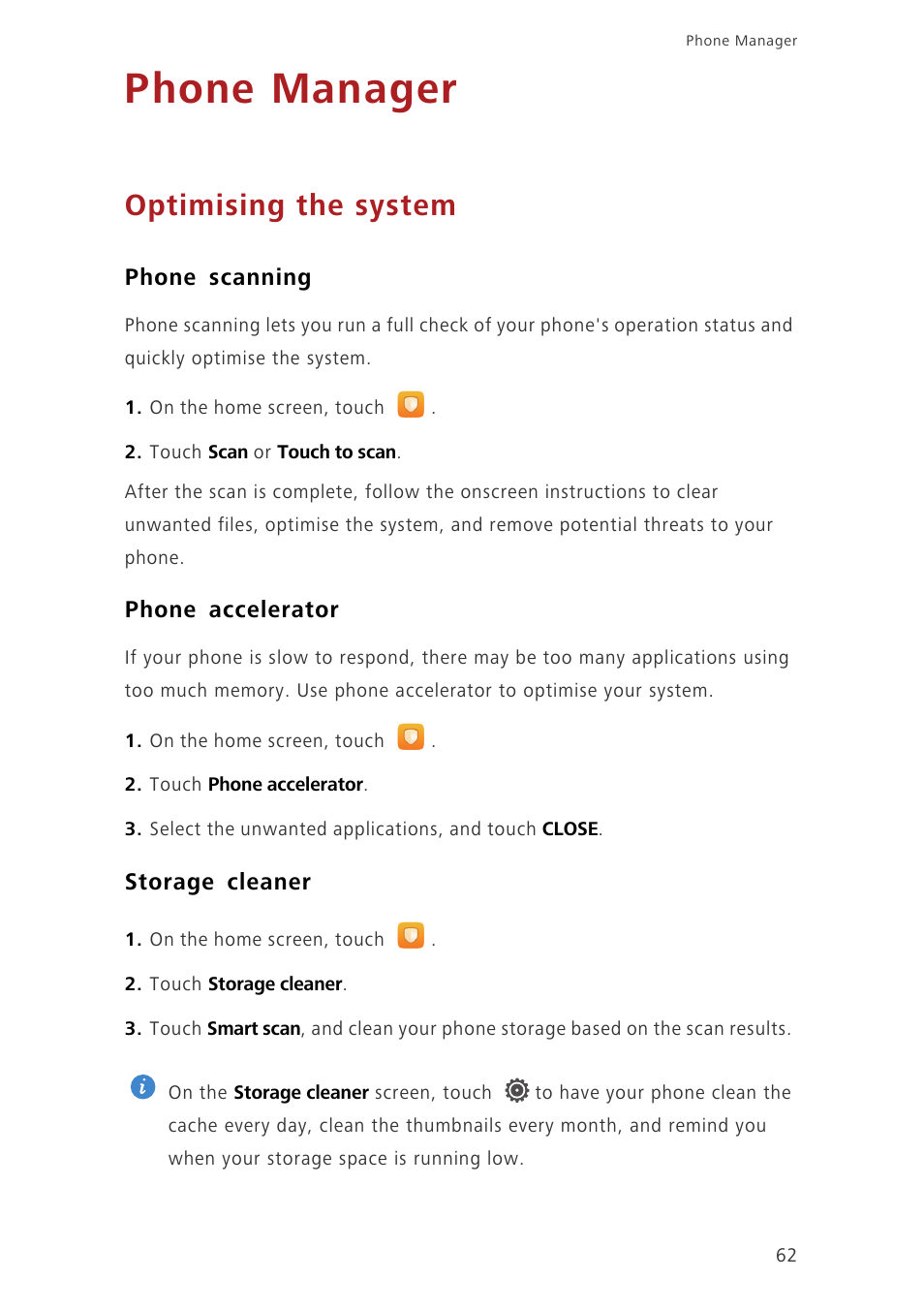 Phone manager, Optimising the system, Phone scanning | Phone accelerator, Storage cleaner | Huawei Ascend P7 P7-L10 User Guide User Manual | Page 66 / 90