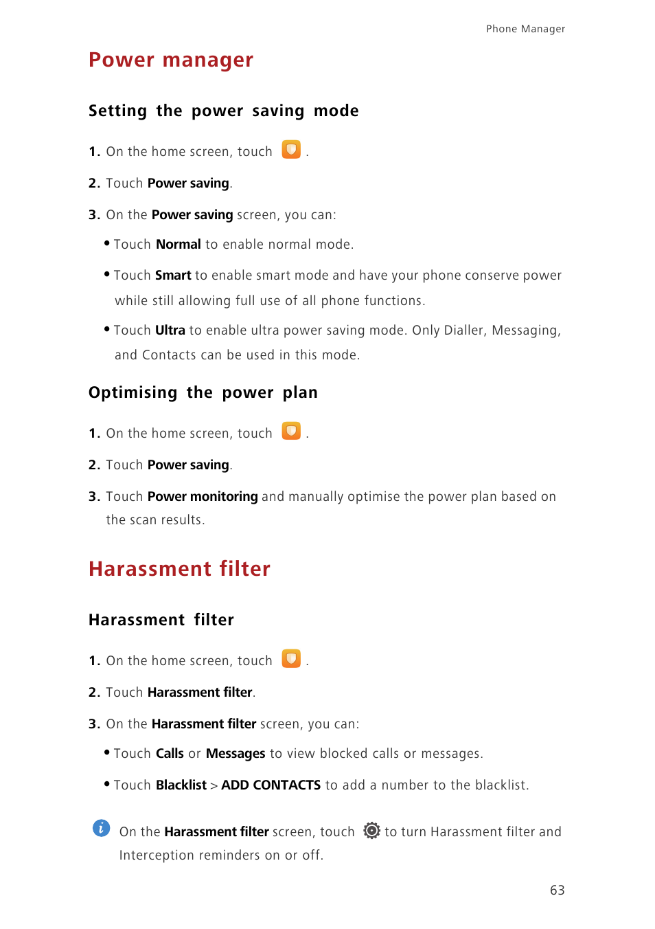 Startup manager, Power manager, Setting the power saving mode | Optimising the power plan, Harassment filter | Huawei Ascend P7 P7-L10 User Guide User Manual | Page 67 / 90