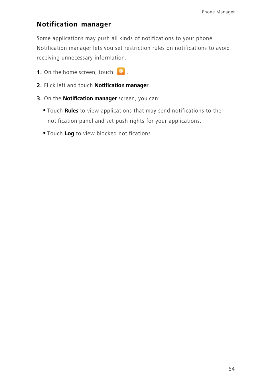 Notification manager | Huawei Ascend P7 P7-L10 User Guide User Manual | Page 68 / 90