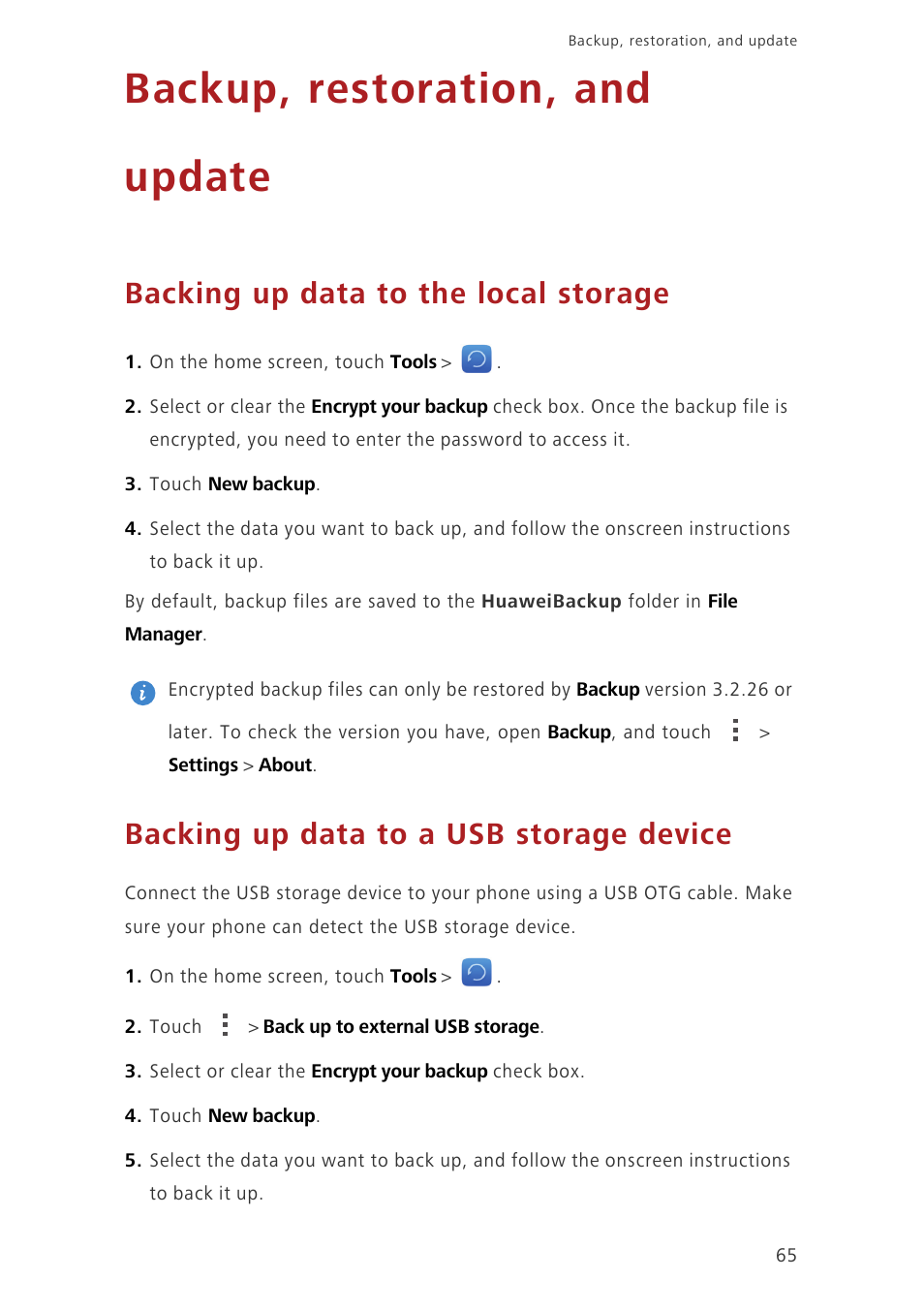 Backup, restoration, and update, Backing up data to the local storage, Backing up data to a usb storage device | Huawei Ascend P7 P7-L10 User Guide User Manual | Page 69 / 90