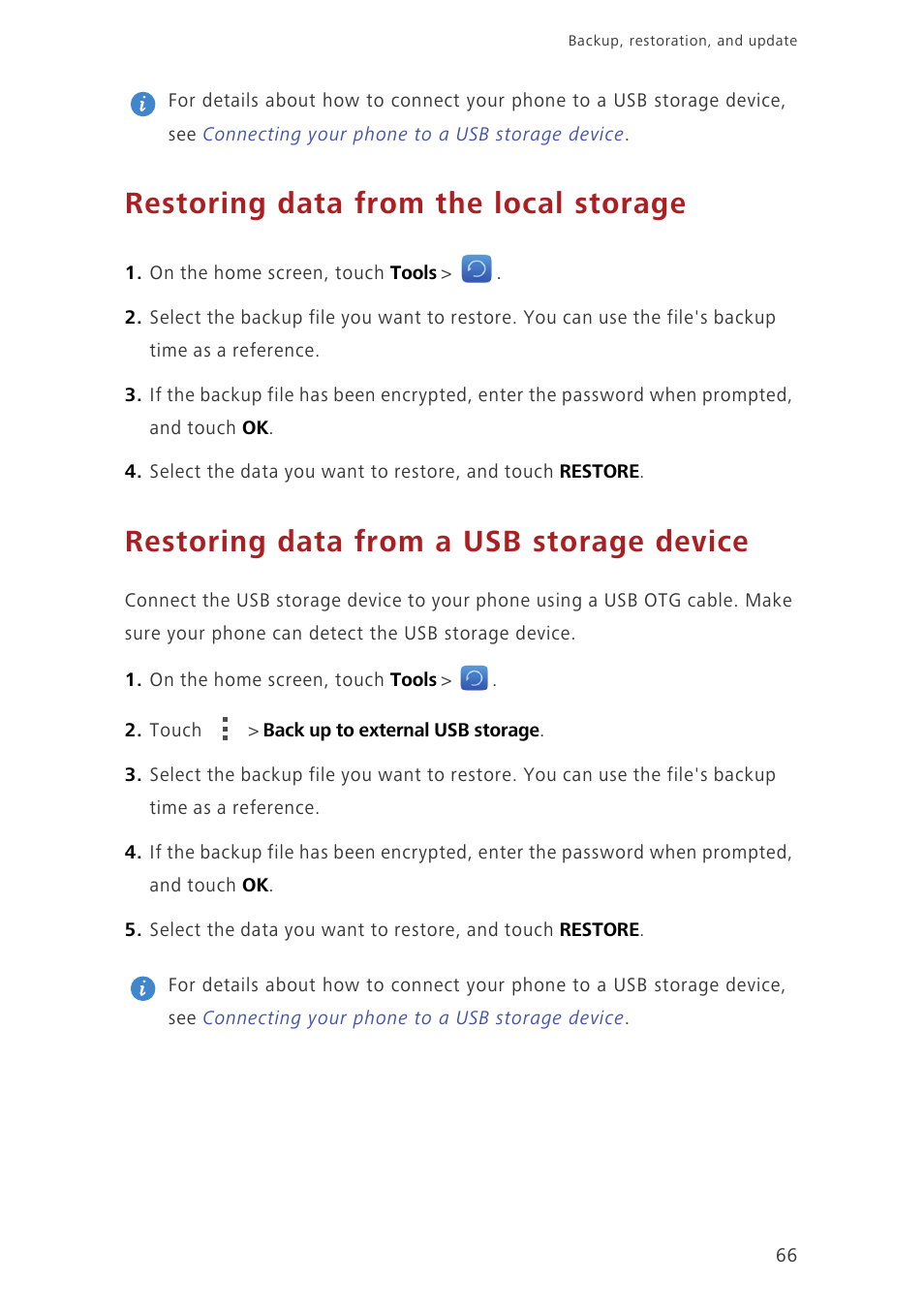 Restoring data from the local storage, Restoring data from a usb storage device | Huawei Ascend P7 P7-L10 User Guide User Manual | Page 70 / 90