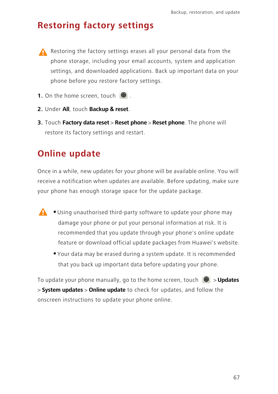 Restoring factory settings, Online update | Huawei Ascend P7 P7-L10 User Guide User Manual | Page 71 / 90